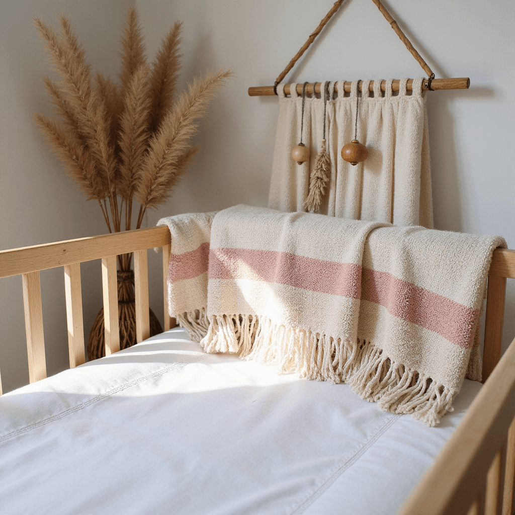 Detail shot of a styled crib showcasing layered bedding textures, featuring a handwoven blush and cream blanket, a mobile with pampas grass and wooden beads, and minimal white sheets with embroidery, captured in soft lighting to emphasize depth and texture.