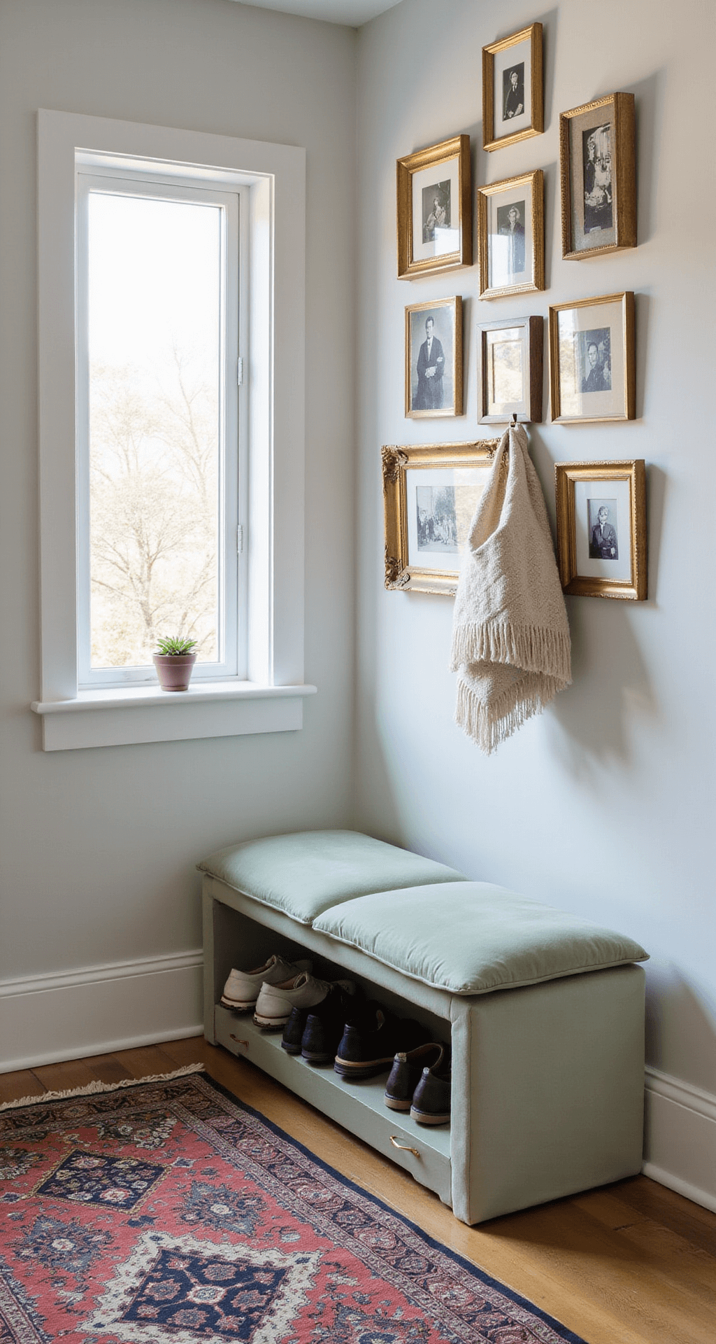 Aerial view of a stylish 4x6ft entry space featuring a sage green velvet storage bench with brass hardware, illuminated by morning light. A vintage Persian runner with a geometric pattern lies on the floor, while a gallery wall of black and white photographs in gold frames adds interest above the bench.
