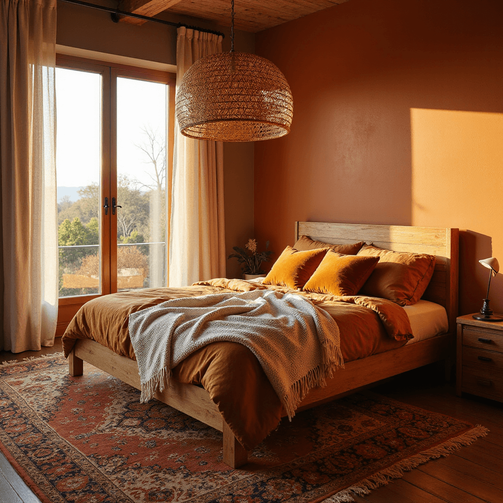 A cozy bedroom with terracotta walls, featuring a large wooden platform bed adorned with ochre linens, chunky ivory knit throws, and burnt sienna velvet pillows, illuminated by warm golden hour light streaming through sheer curtains. A vintage Persian rug anchors the space, while a rattan pendant lamp casts inviting shadows, creating an intimate and serene atmosphere.