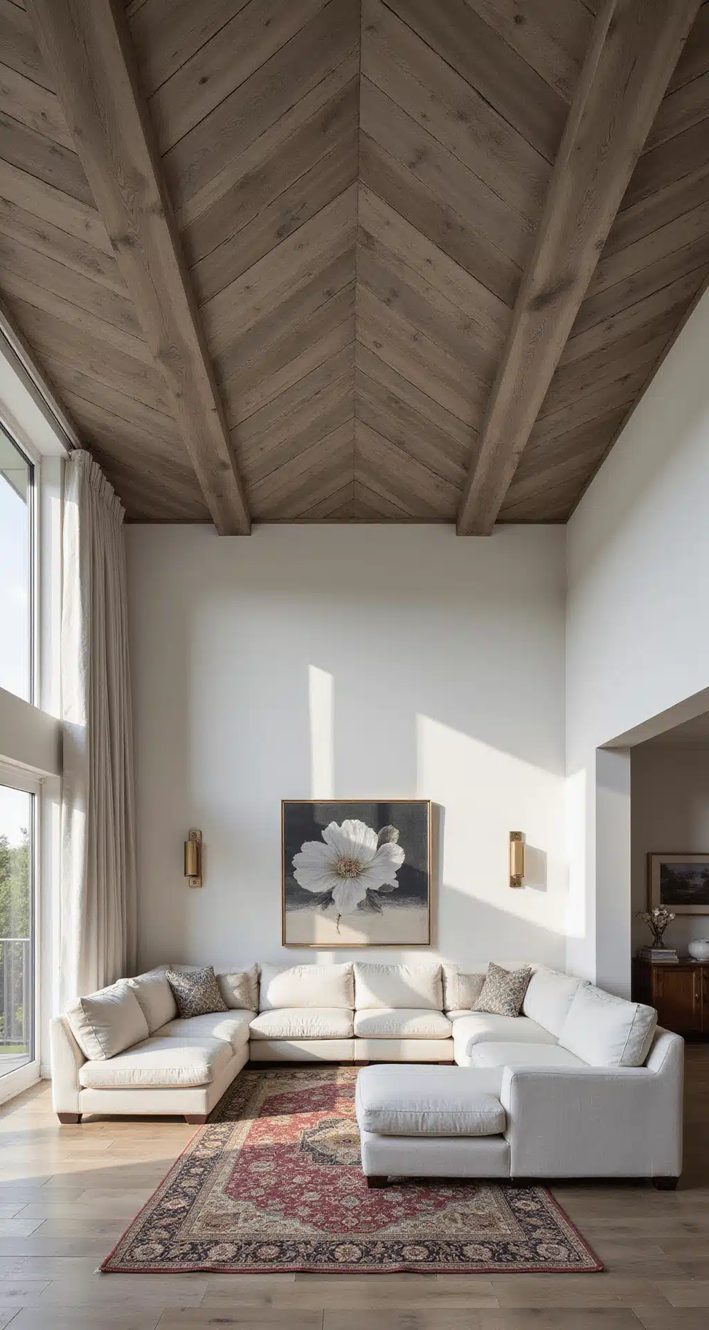A modern living room with a wood-planked herringbone ceiling in weathered gray cypress, featuring cream linen sectional furniture, a vintage Persian rug, and floor-to-ceiling windows casting geometric shadows, illuminated by late afternoon sunlight and brass sconces.