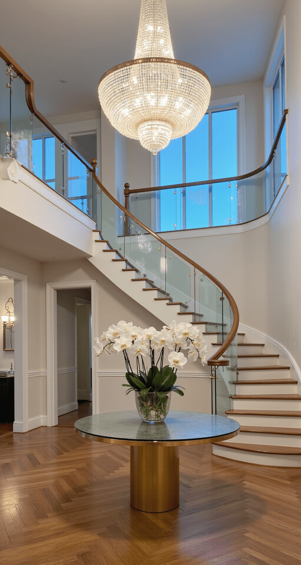 A double-height foyer at blue hour featuring a dramatic spiral staircase with a glass balustrade, illuminated by a tiered crystal chandelier casting prismatic effects on pearl-white walls, a polished brass round table with white orchids, and herringbone wood floors, with the camera positioned slightly below eye level to highlight the vertical space.
