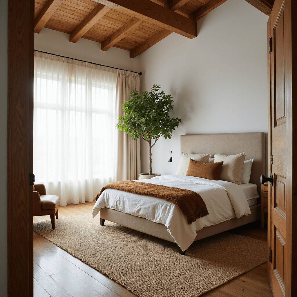 Spacious primary bedroom featuring wood beam ceiling, cream drapes, cognac leather reading chair, jute area rug, California king bed with ivory linen bedding, caramel mohair throw, textured earth-tone pillows, potted fiddle leaf fig, and soft diffused lighting, captured from a low angle at the doorway.