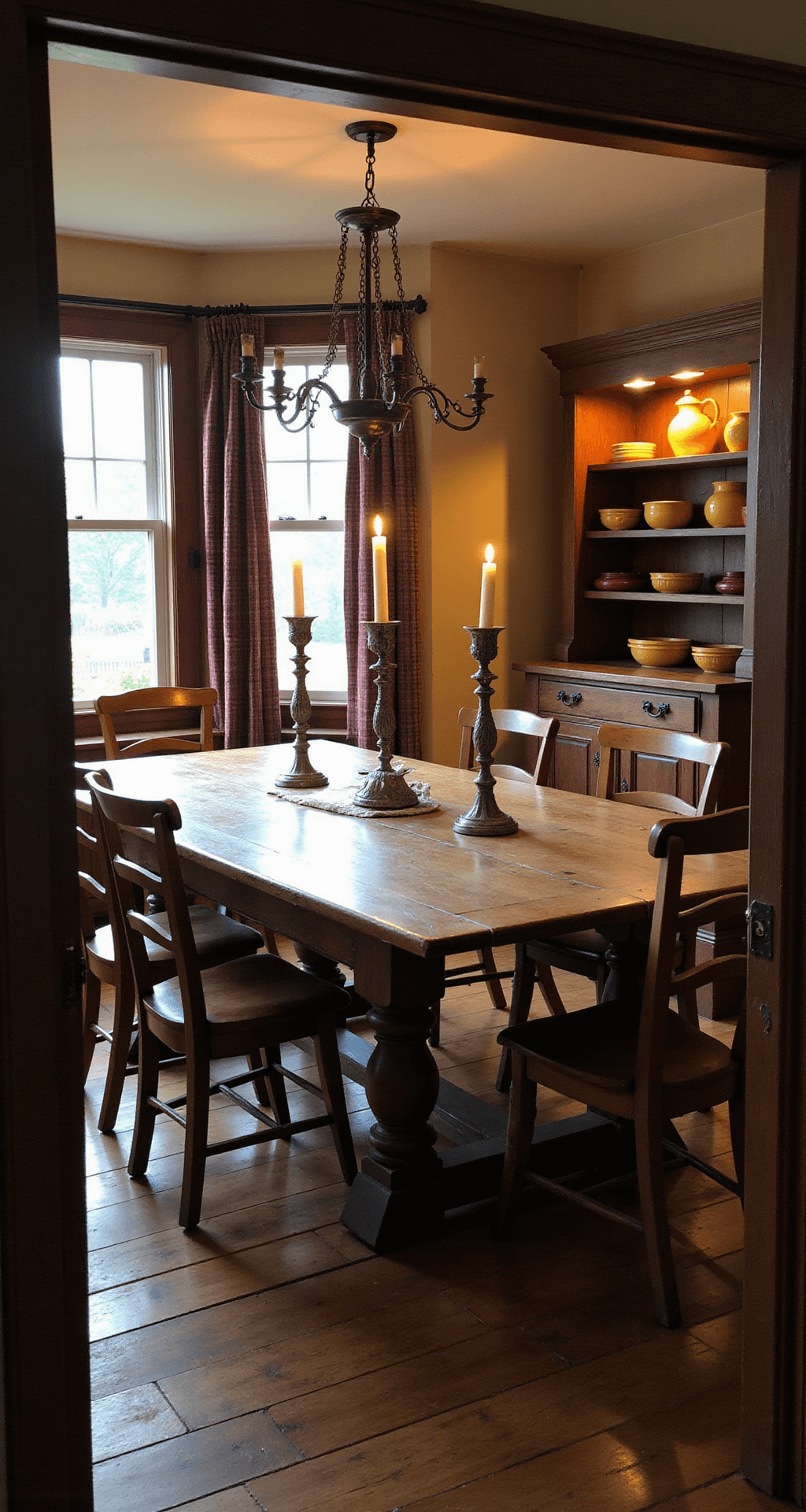 Evening view of a primitive kitchen gathering space featuring a large oak trestle table at the center, surrounded by ladder-back chairs. Buffalo check curtains adorn windows, and pewter candlesticks provide warm, intimate lighting alongside fading daylight. An antique pie safe displays yellowware bowls and redware pottery, with the perspective shot from the doorway capturing the room's depth.