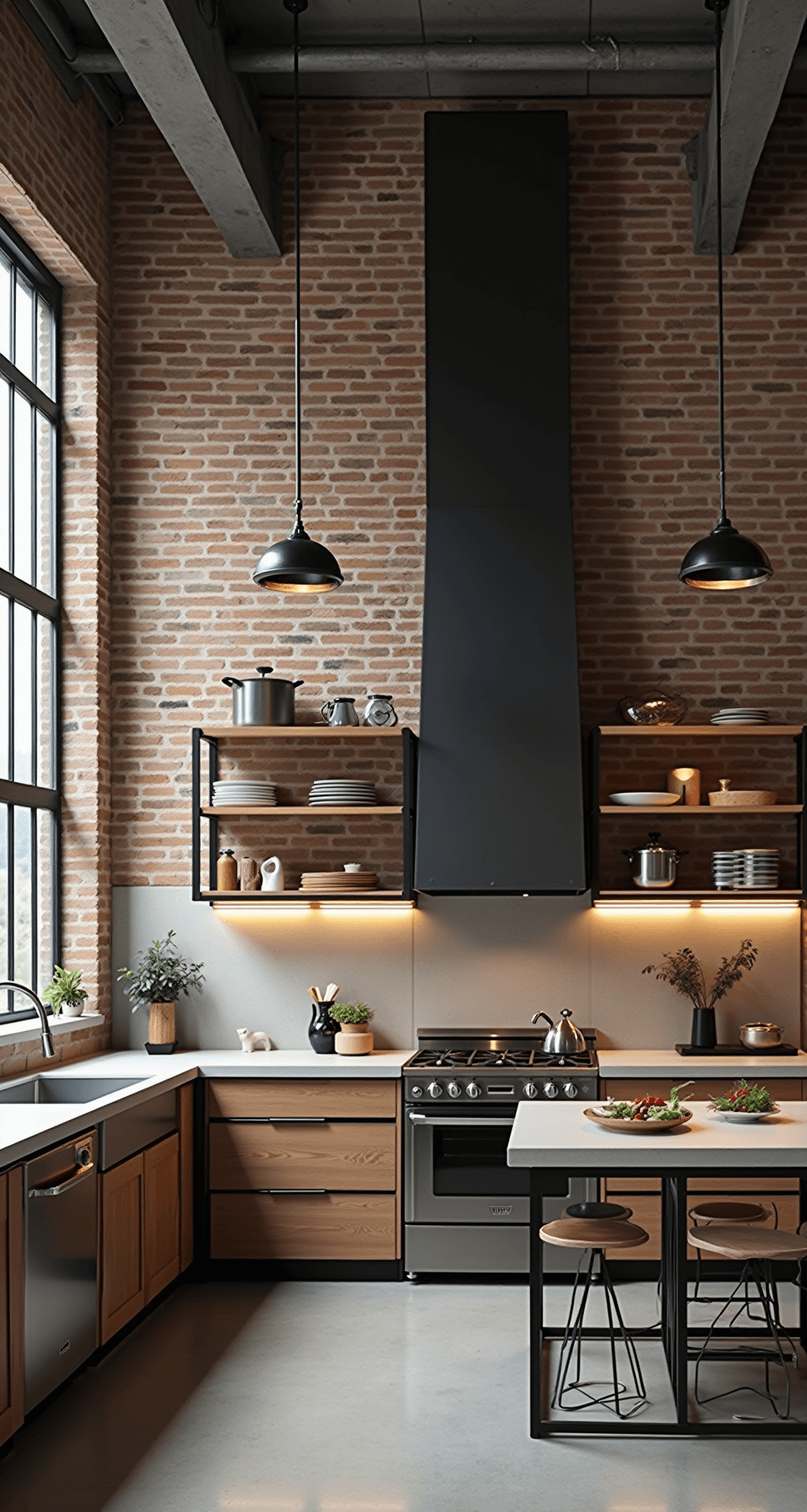 A modern loft-style kitchen featuring exposed brick walls, clear alder cabinets in graphite stain with steel frames, concrete countertops, and metal open shelving, illuminated by afternoon light filtering through factory windows, styled with professional cookware and industrial lighting fixtures.