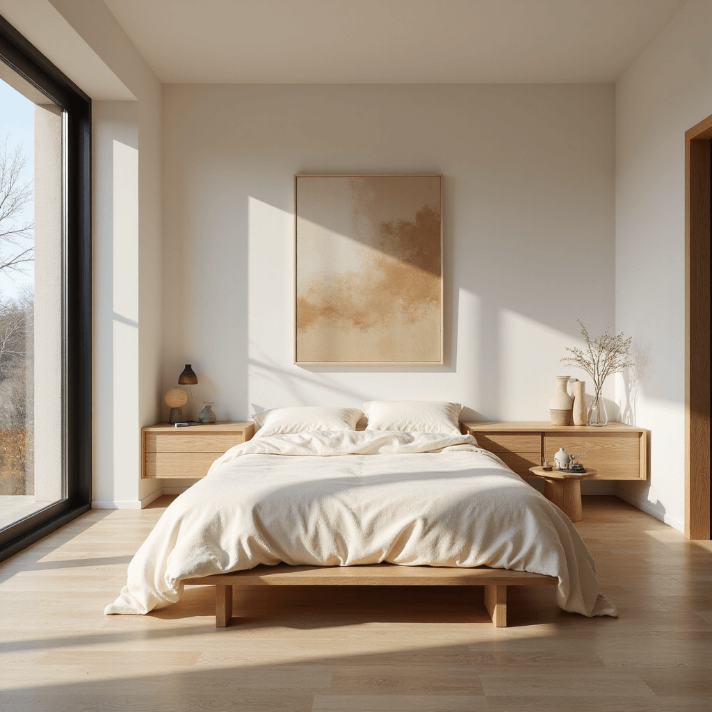 A modern minimalist bedroom featuring floor-to-ceiling windows, white oak flooring, a bleached maple platform bed with cream and sand bedding, and an oversized abstract canvas in warm neutrals, illuminated by late afternoon sunlight casting long shadows.