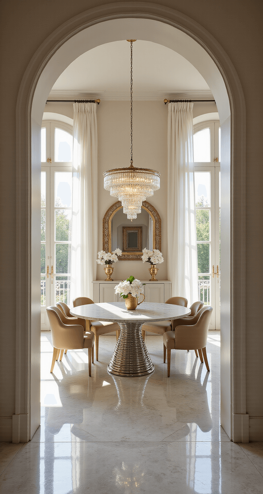 A sunlit contemporary Italian dining room featuring a round marble table with a chrome base, surrounded by cream leather chairs, Calacatta marble flooring, a brass-framed mirror, and a Murano glass chandelier, all styled with white orchids and geometric brass candleholders.