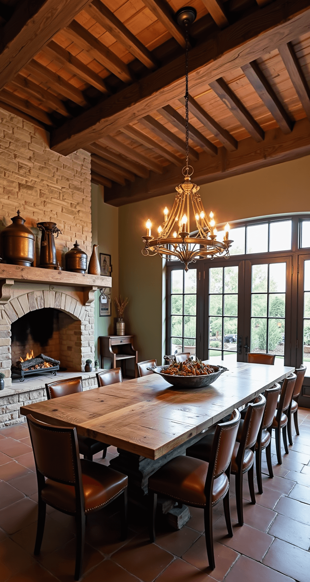 A spacious rustic dining room featuring exposed wooden beams, terracotta floors, and a large oak harvest table seating 14, illuminated by warm evening light and an antique brass chandelier, with a stone fireplace and vintage decor.