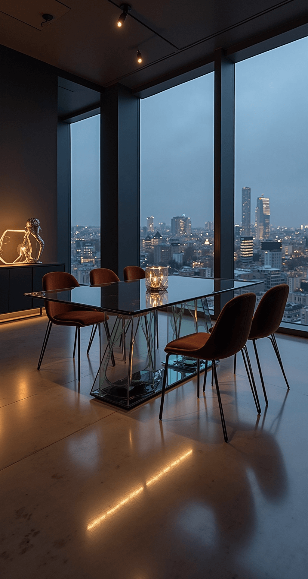 Sleek modern dining space with floor-to-ceiling windows showcasing city lights at dusk, featuring a glass gem table, charcoal velvet Moon chairs, polished concrete floors, and a matte black Voyager sideboard with copper accents, all accented by dramatic side lighting and monochromatic artwork.