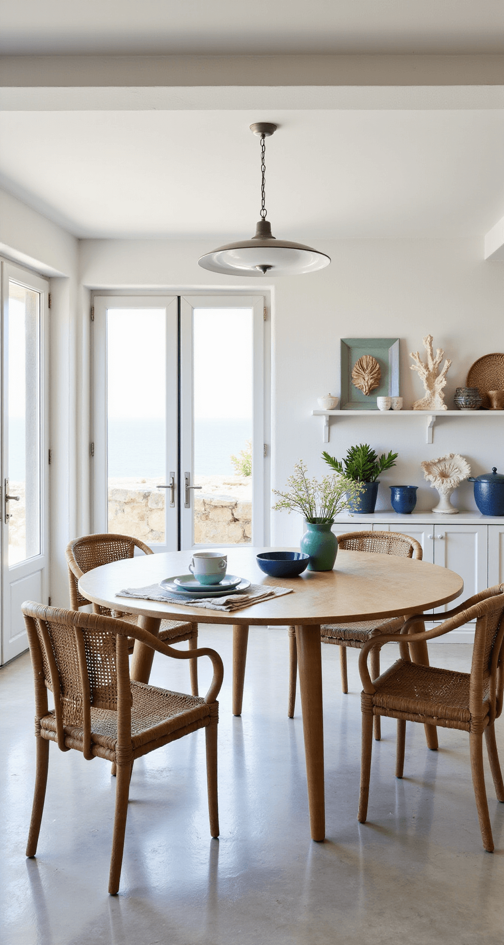 A bright, airy dining space in a coastal Italian villa, featuring whitewashed walls and pale limestone floors, with a round bleached oak Spyder wood table surrounded by woven rattan chairs, illuminated by mid-morning Mediterranean light streaming through French doors. The decor includes a blue and white palette with touches of sea glass green, ceramic collections, coral specimens, and maritime art, captured from a low camera angle to emphasize the height and freshness of the room.