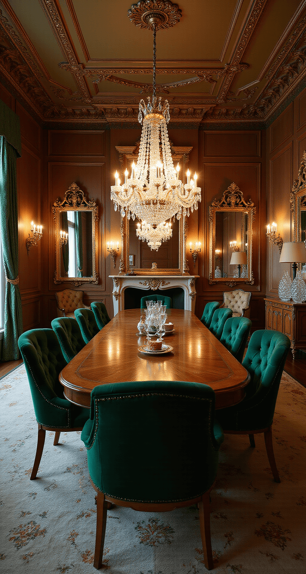 A luxurious formal dining room featuring an ornate coffered ceiling and crystal chandeliers, illuminated by evening lighting. An extended high-gloss walnut dining table with gold inlay is surrounded by deep emerald velvet chairs. Antique mirrors and a collection of Venetian glass accentuate the jewel tone palette. The high-angle shot highlights the intricate ceiling details and the table's reflection, enhancing the room's opulent atmosphere.