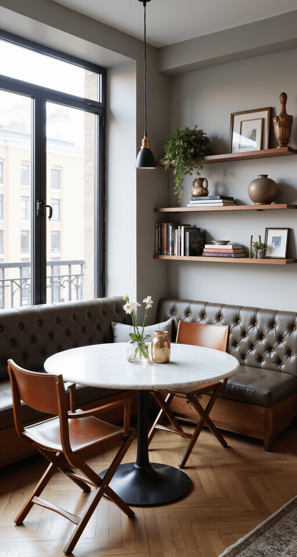 A compact Milan apartment dining space featuring a round marble pedestal table surrounded by leather director's chairs, built-in banquette seating, and industrial windows allowing morning light. The area showcases hidden storage, floating shelves with curated objects, brass accents, and modern art with geometric patterns, all under pendant lighting for a clever and sophisticated atmosphere.