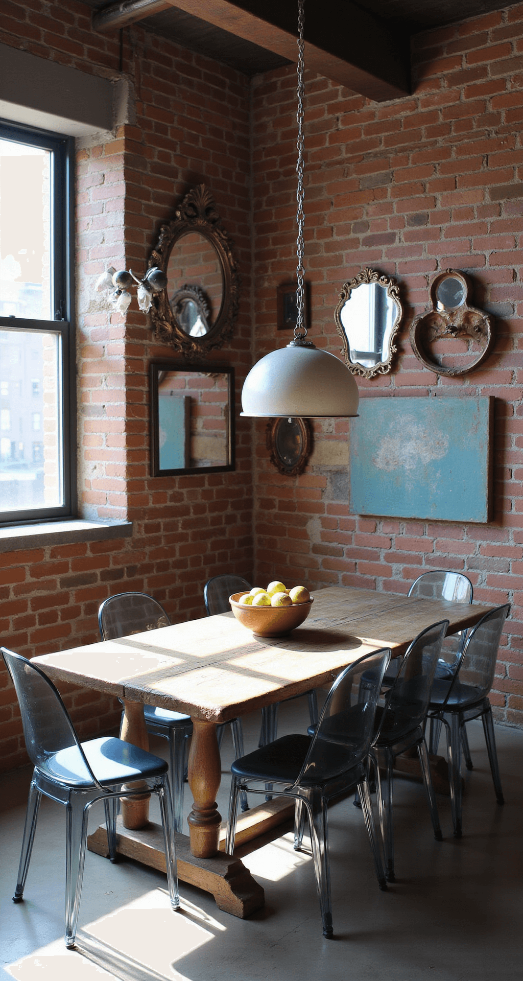 An eclectic Italian fusion loft featuring exposed brick walls, industrial windows, and a vintage farm table with modern acrylic chairs. The space is adorned with contemporary art, antique mirrors, and modernist chandeliers, illuminated by late morning light casting dramatic shadows. The color palette includes blues, grays, warm woods, and copper accents, creating an artistic and unexpected atmosphere.