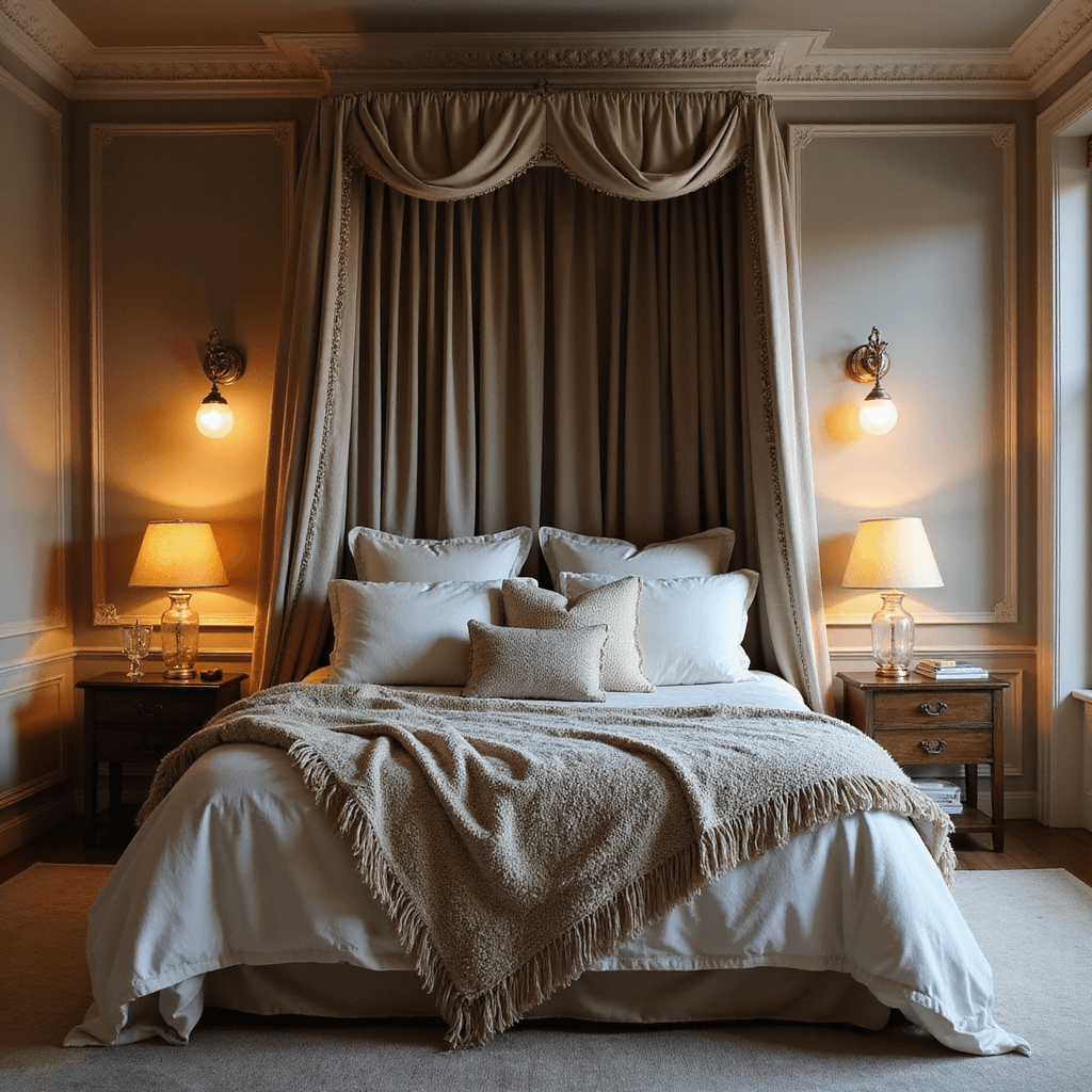 A luxurious 13x15ft bedroom at dusk featuring a canopy bed draped in linen against warm greige walls, adorned with faux fur throws and cable knit pillows. Vintage brass sconces and mercury glass lamps cast a warm glow, creating a romantic and cocooning ambiance.