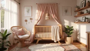 Photorealistic bohemian nursery with natural wood crib, blush macramé canopy, vintage Persian rug, rattan hanging chair, and botanical prints, all bathed in warm golden hour sunlight.