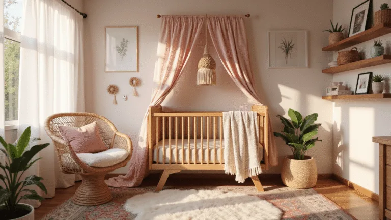 Creating the Perfect Pink Boho Nursery: A Comprehensive Design Guide Photorealistic bohemian nursery with natural wood crib, blush macramé canopy, vintage Persian rug, rattan hanging chair, and botanical prints, all bathed in warm golden hour sunlight.