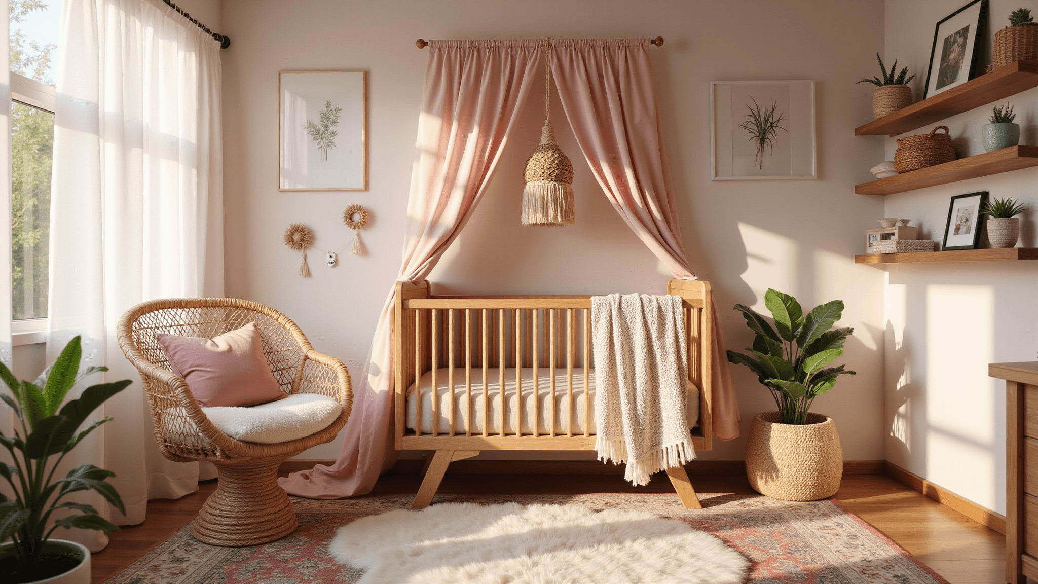 Photorealistic bohemian nursery with natural wood crib, blush macramé canopy, vintage Persian rug, rattan hanging chair, and botanical prints, all bathed in warm golden hour sunlight.