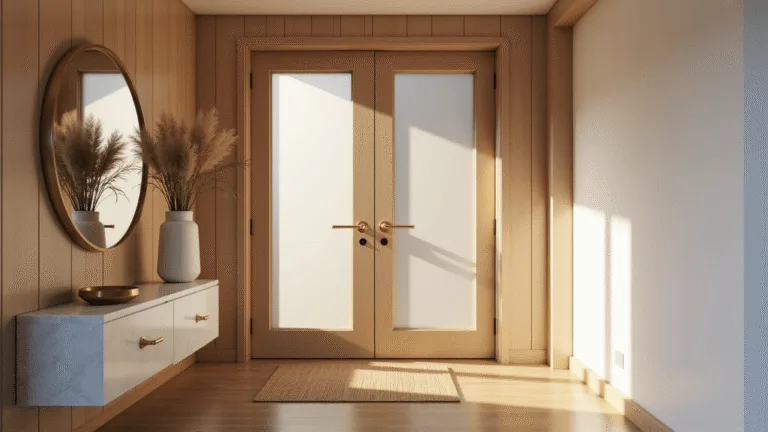 Small Entryway Ideas: Transforming Tiny Spaces into Stunning Welcomes Photorealistic image of a modern entryway featuring vertical white oak panels, a frosted glass door, and a floating Carrara marble console adorned with pampas grass. The space is illuminated by warm sunlight, highlighting brass coat hooks and a round mirror, with shadows playing across the textures.