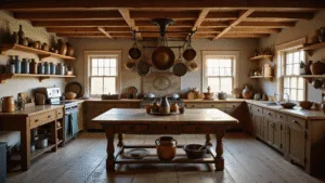 Photorealistic interior of a rustic farmhouse kitchen at golden hour, featuring a dark walnut harvest table with pottery and mason jars, open shelving with antique items, and warm natural lighting highlighting aged textures and a rich color palette.