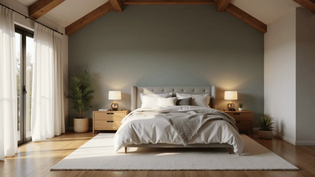 A tranquil bedroom interior at golden hour, featuring a king-sized bed with layered linens, natural light streaming through sheer curtains, minimalist oak nightstands, and a vaulted ceiling with exposed beams, all set against muted sage green walls.