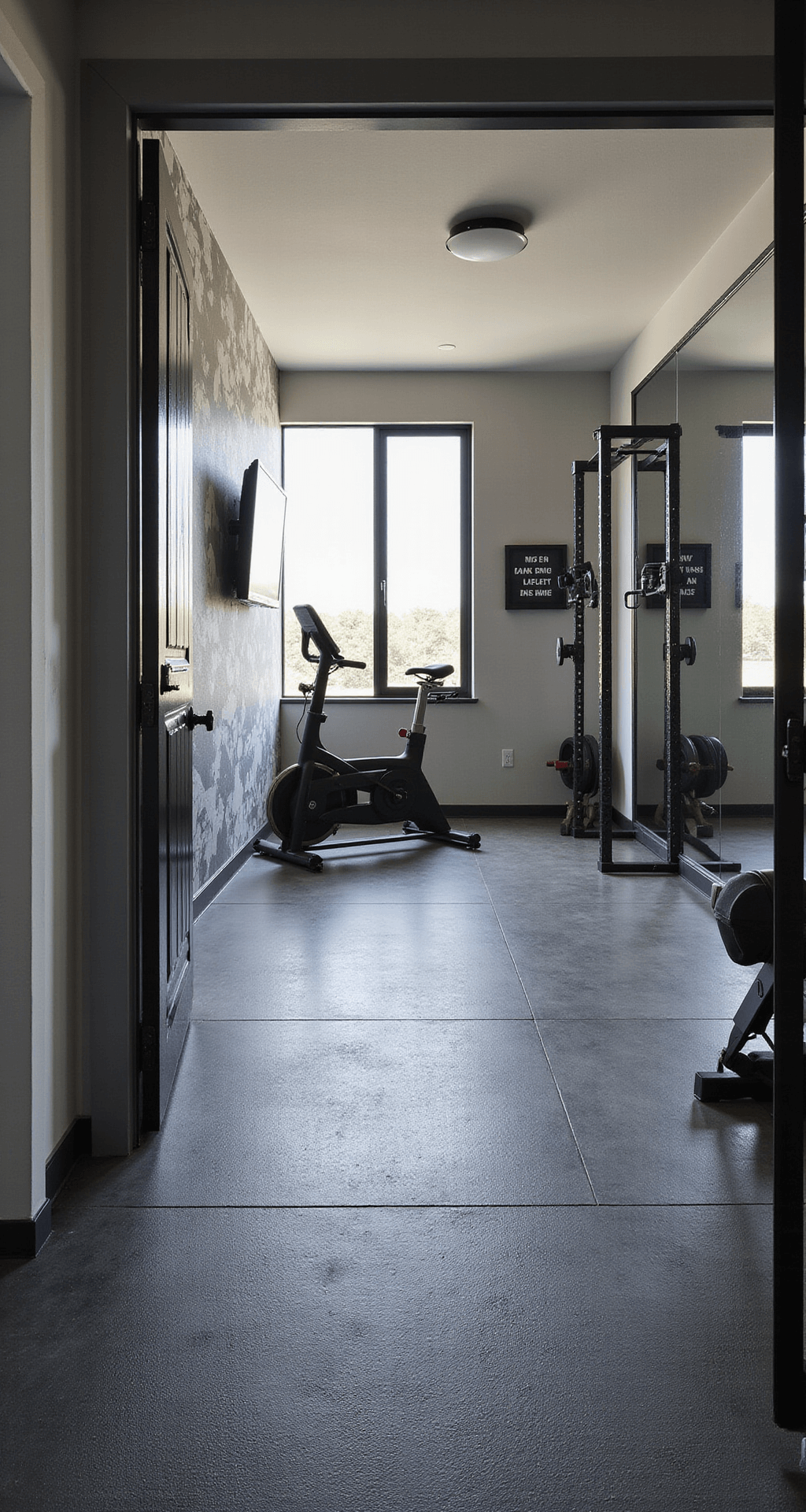 A spacious modern home gym featuring slate gray rubber flooring, a mirrored wall with a floating equipment rack, a Peloton bike facing a mounted TV, an Olympic rack in the free weight area, and an infrared sauna, all illuminated by natural light from egress windows and bright daylight balanced LEDs, showcasing energetic motivational murals in black and white.
