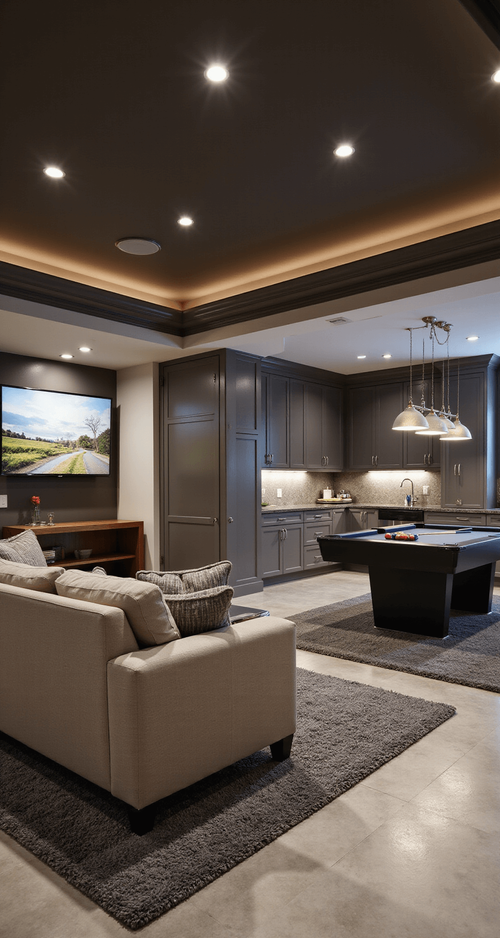A wide shot of a mixed-use entertainment zone featuring an open concept design with multi-level flooring: a gaming area with LVP, a plush carpet lounge, and tiled wet bar. The modern sectional faces an 85