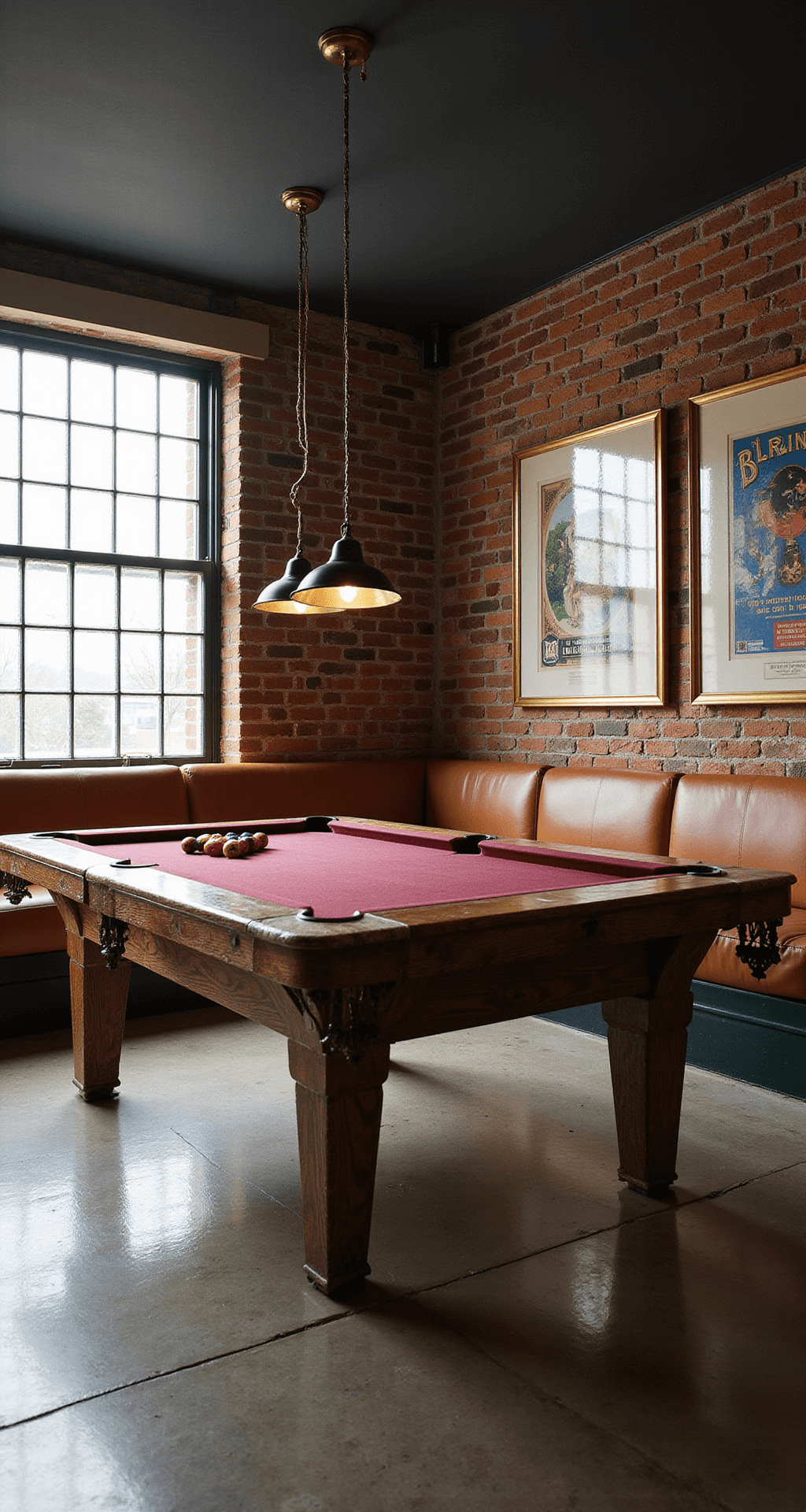 Wide-angle view of a stylish basement game zone featuring a rustic pool table, cognac leather seating, exposed brick walls, and mid-century modern furniture, all illuminated by morning light and industrial pendant lights.