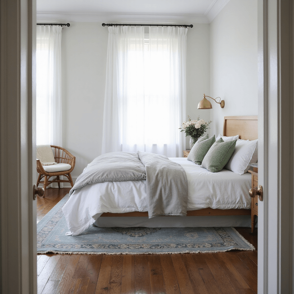 A bright guest bedroom featuring a queen-size bed with white linens and grey duvet, styled with sage green accent pillows. Natural light streams through sheer curtains, illuminating a vintage Persian rug and a rattan chair. The room is warmly inviting, with brass sconces and a natural wood headboard, viewed from the doorway.