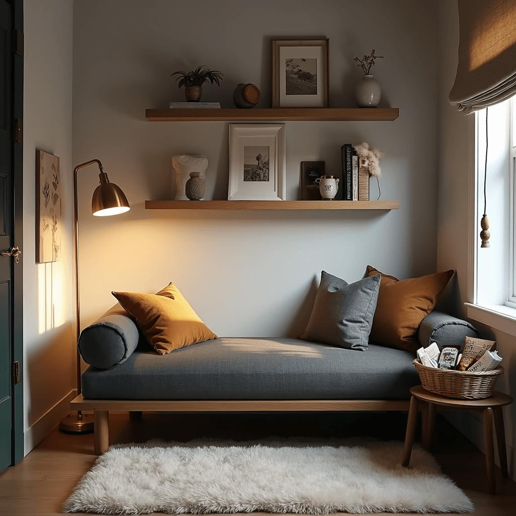 Intimate guest room featuring a charcoal linen daybed, light grey walls, warm lighting from a brass floor lamp, floating shelves with local artwork, an ivory area rug, and a walnut side table with a welcome basket. Shot from a low angle near a window with golden hour light filtering through roman shades, highlighting a cozy reading nook.