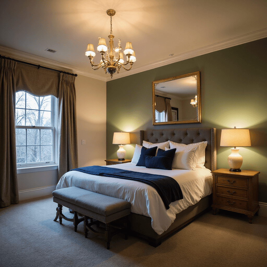 Sophisticated guest suite with king bed, layered lighting including a dimmed chandelier and alabaster lamps, sage green accent wall, and a full-length gilt mirror reflecting warm light, captured at dusk.