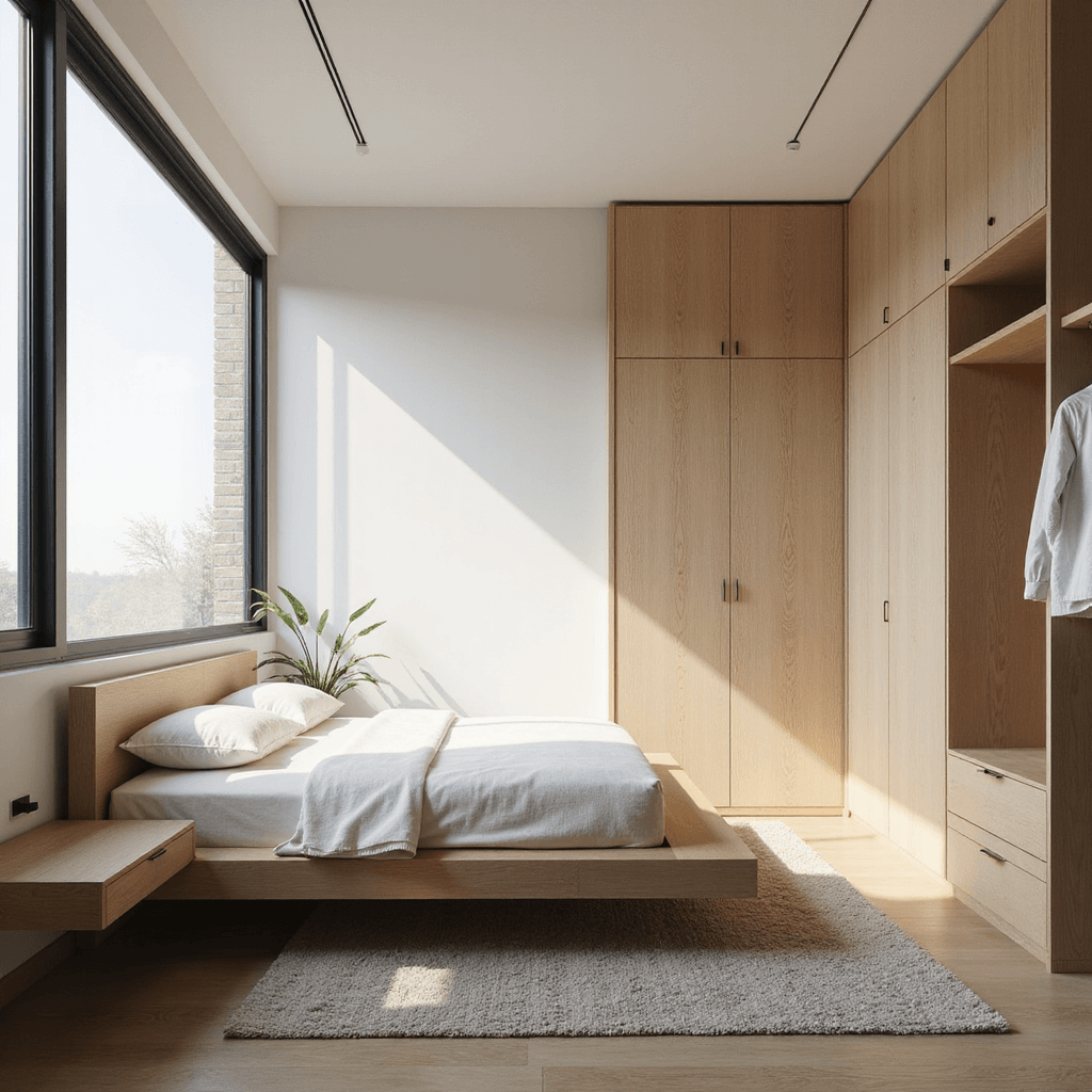 A minimalist guest room with a platform bed in bleached oak, floating nightstands, and a monochromatic warm white and cream color scheme, accented by black metal window frames. Features custom sliding panel storage solutions and is illuminated by natural and soft box lighting, showcasing the spacious layout from an elevated angle.