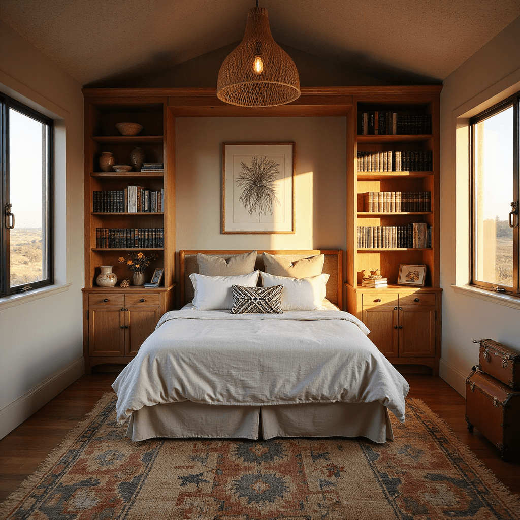 Cozy guest retreat featuring an upholstered queen bed in oatmeal linen, surrounded by built-in bookshelves, layered vintage kilim rug over seagrass matting, rattan pendant casting shadows, a leather luggage rack, a brass mirror, and locally sourced artwork, captured at golden hour with dramatic side lighting.
