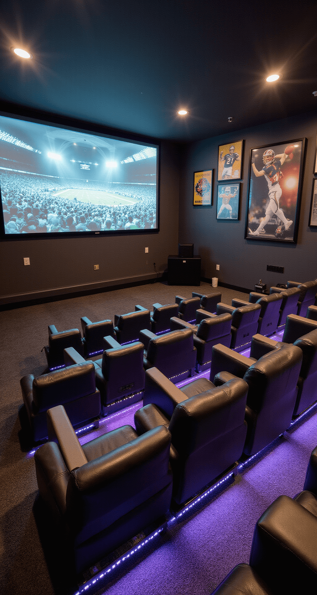 Open concept cinema sports bar featuring a 120-inch projection screen, tiered leather recliners with drink holders, backlit sports memorabilia displays, charcoal sound-absorbing wall panels, and LED strip lighting in team colors, captured in wide-angle with balanced exposure.
