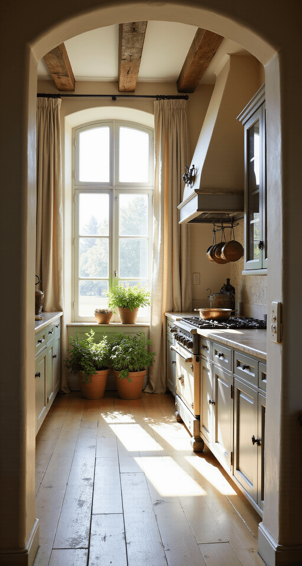 A sunlit French country kitchen features cream-colored plaster walls, reclaimed oak beams, and a La Cornue range adorned with vintage copper pots, viewed through an arched doorway with natural linen curtains filtering light.