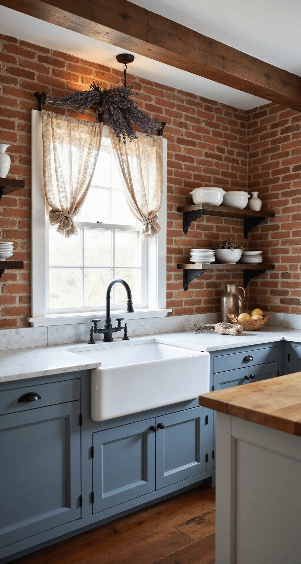 Corner perspective of a rustic French kitchen featuring exposed brick walls, hand-painted blue-gray cabinets, a farmhouse sink, marble countertops, open shelving with white ironstone and copper vessels, a wrought iron chandelier, and drying lavender bundles, all illuminated by warm golden hour light.