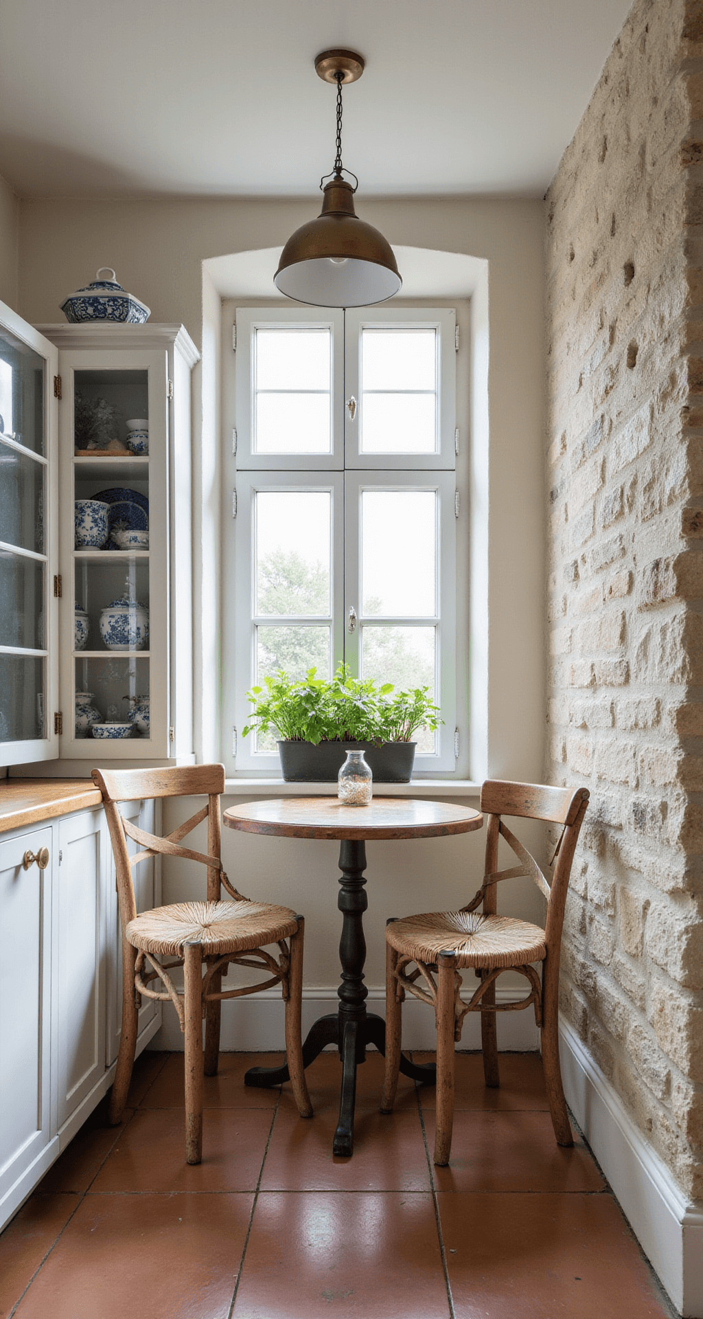 Intimate Provençal-style kitchen nook featuring whitewashed stone walls, an antique hutch showcasing blue and white porcelain, a weathered oak bistro table with rush-seated chairs, and an aged brass pendant light, with a view of a herb-filled window box through a leaded glass window, all set on terracotta floor tiles.