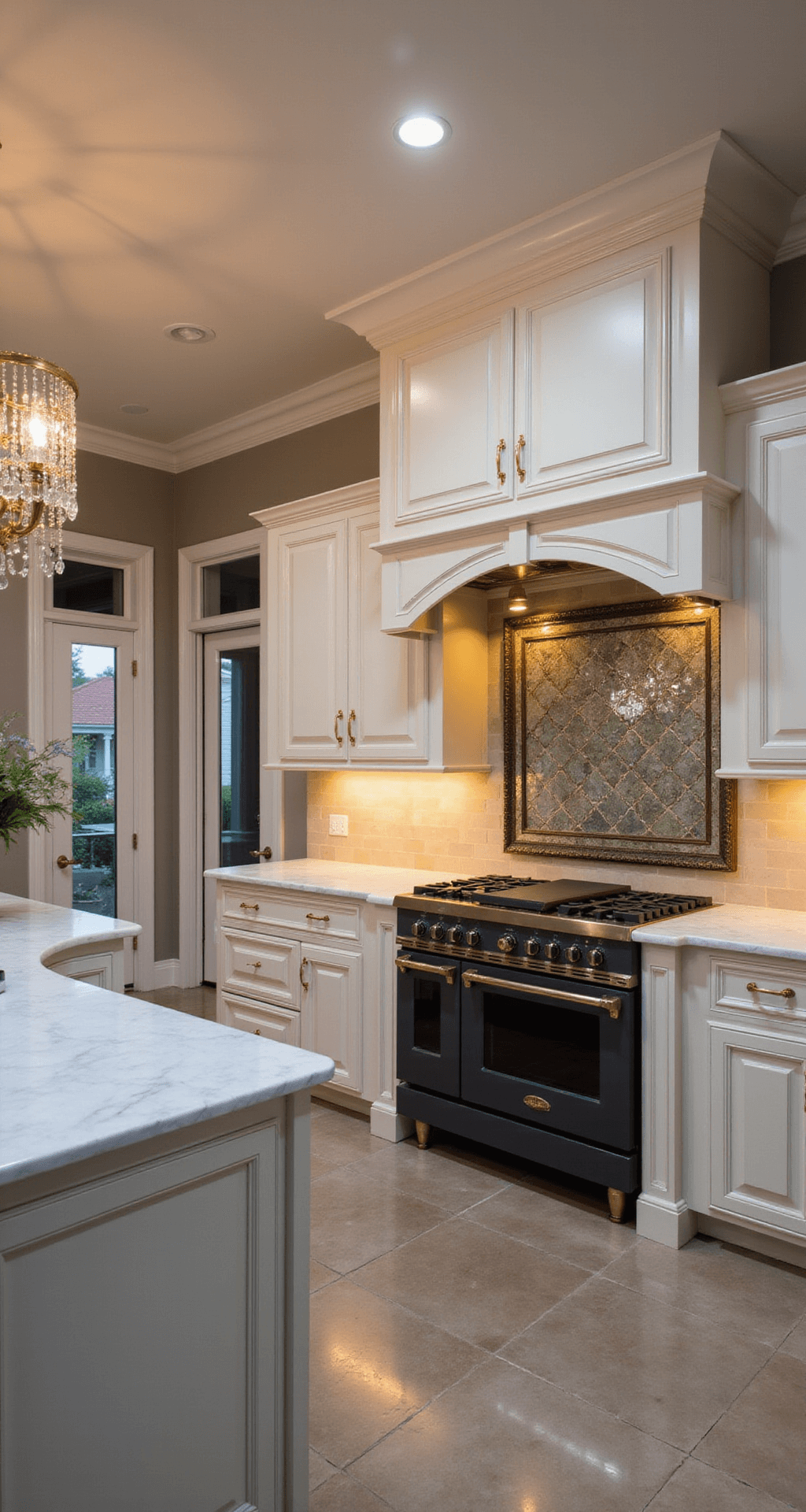 Elegant French kitchen at dusk, featuring a crystal chandelier, polished limestone floors, cream cabinetry with gilded hardware, a marble-topped island with a brass pot rack, an antique mirror backsplash, and a professional matte black range in an arched alcove.