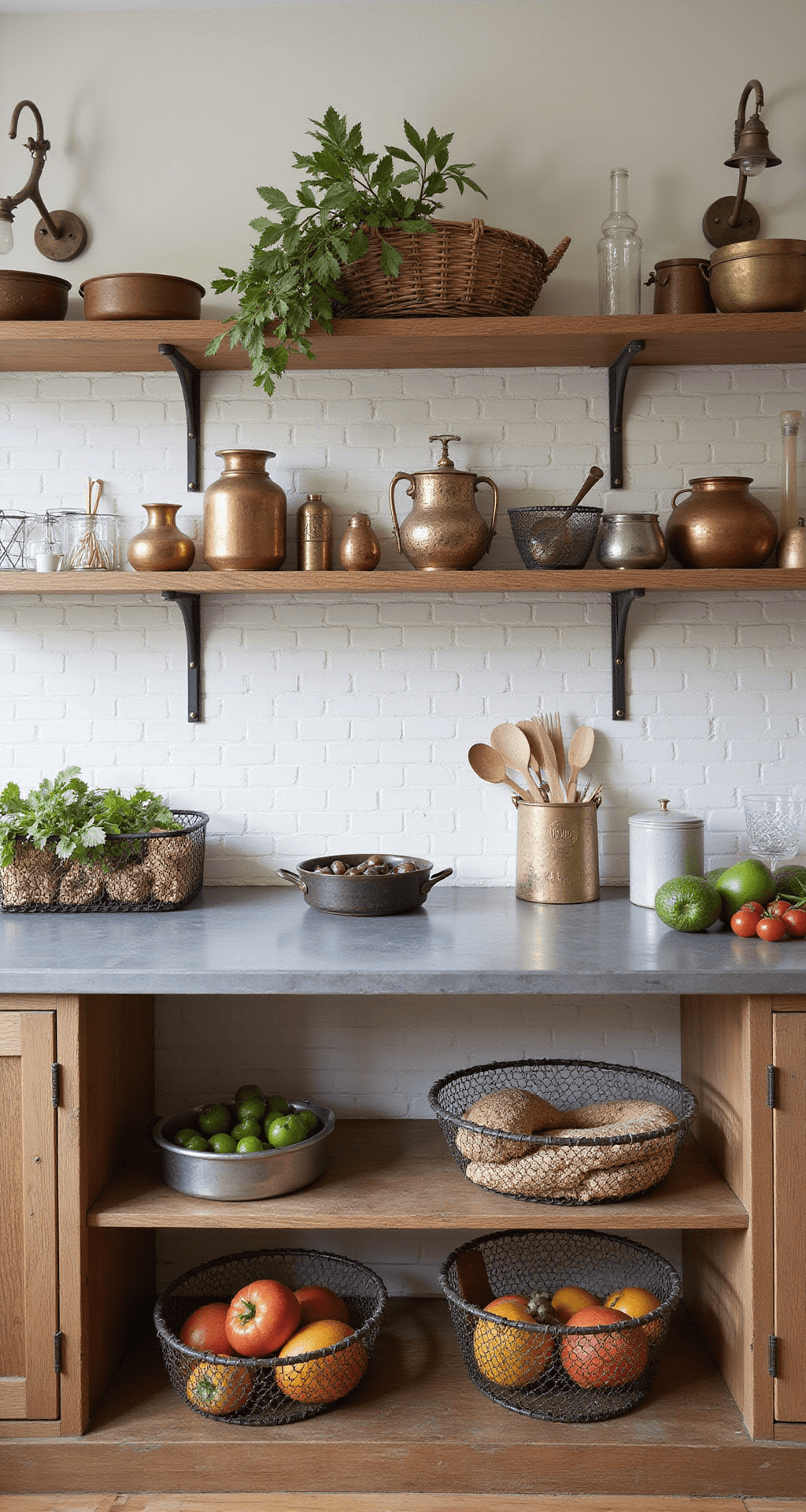 Close-up view of a traditional French kitchen workstation featuring a zinc countertop with patina, open shelving in reclaimed oak, copper molds, vintage utensils, white subway tiles with gray grout, fresh market produce in wire baskets, and aged brass sconces in morning light.