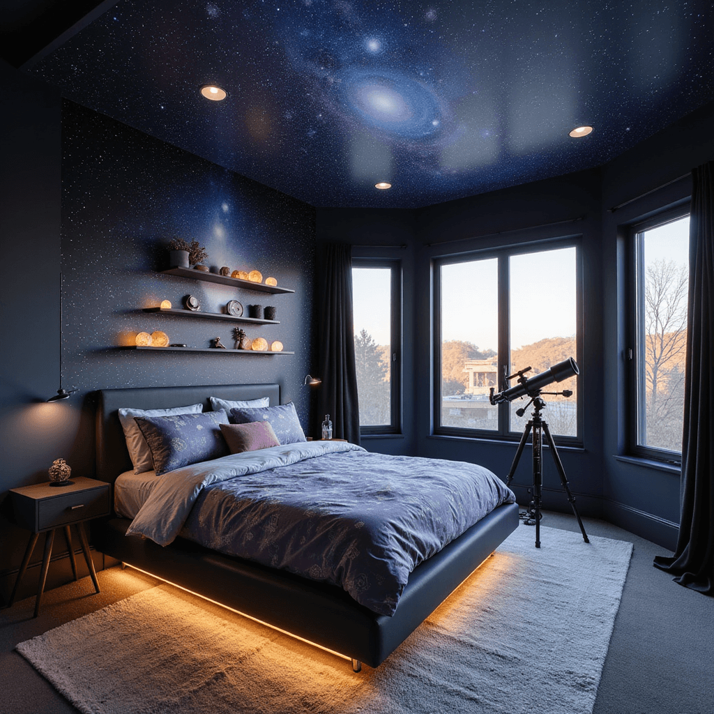 A cozy space-themed bedroom featuring deep navy walls with a hand-painted galaxy mural, a modern platform bed with cosmic-print bedding, a professional telescope by large blackout windows, and glowing planetary models on floating shelves, all illuminated by recessed starlight and an astronaut pendant lamp.