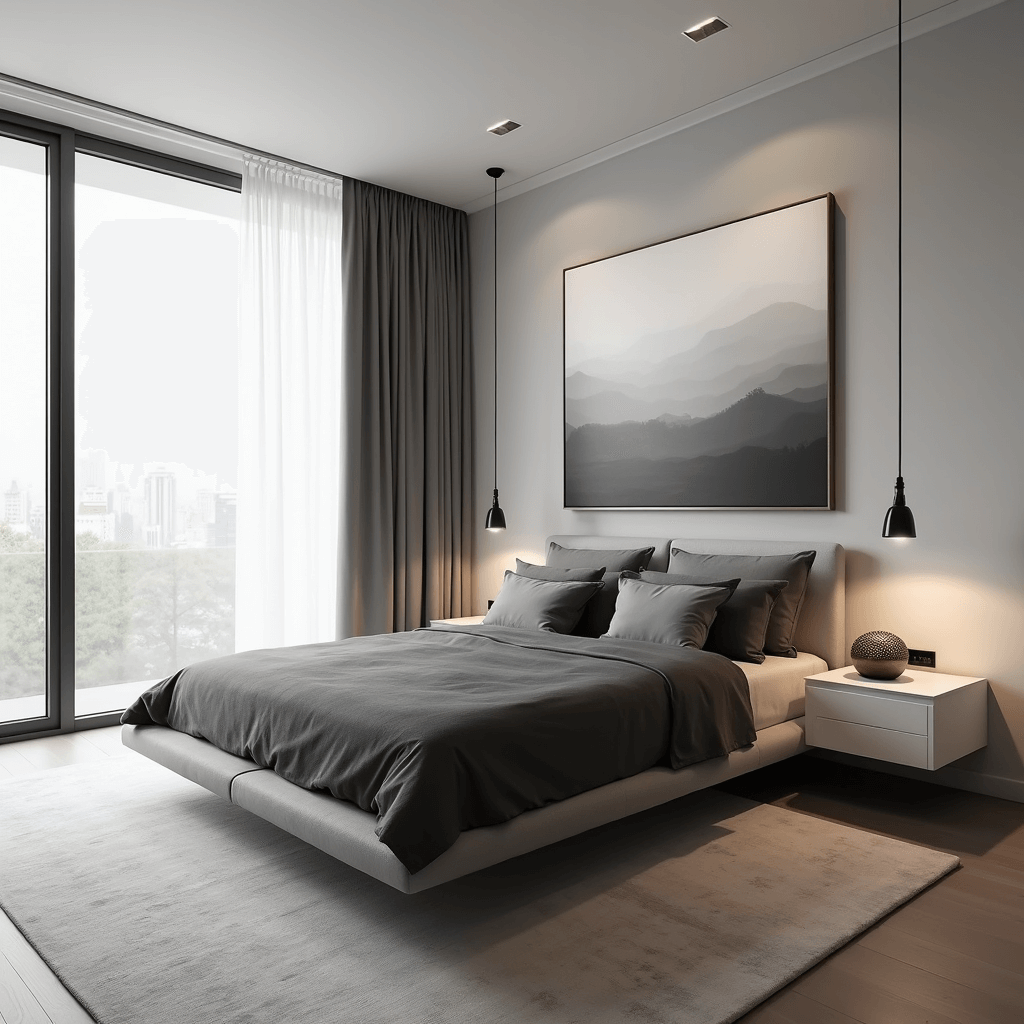 A serene minimalist grey bedroom with a low-profile platform bed, floating nightstands, and geometric artwork, captured from a low corner angle with soft morning light filtering through sheer curtains.