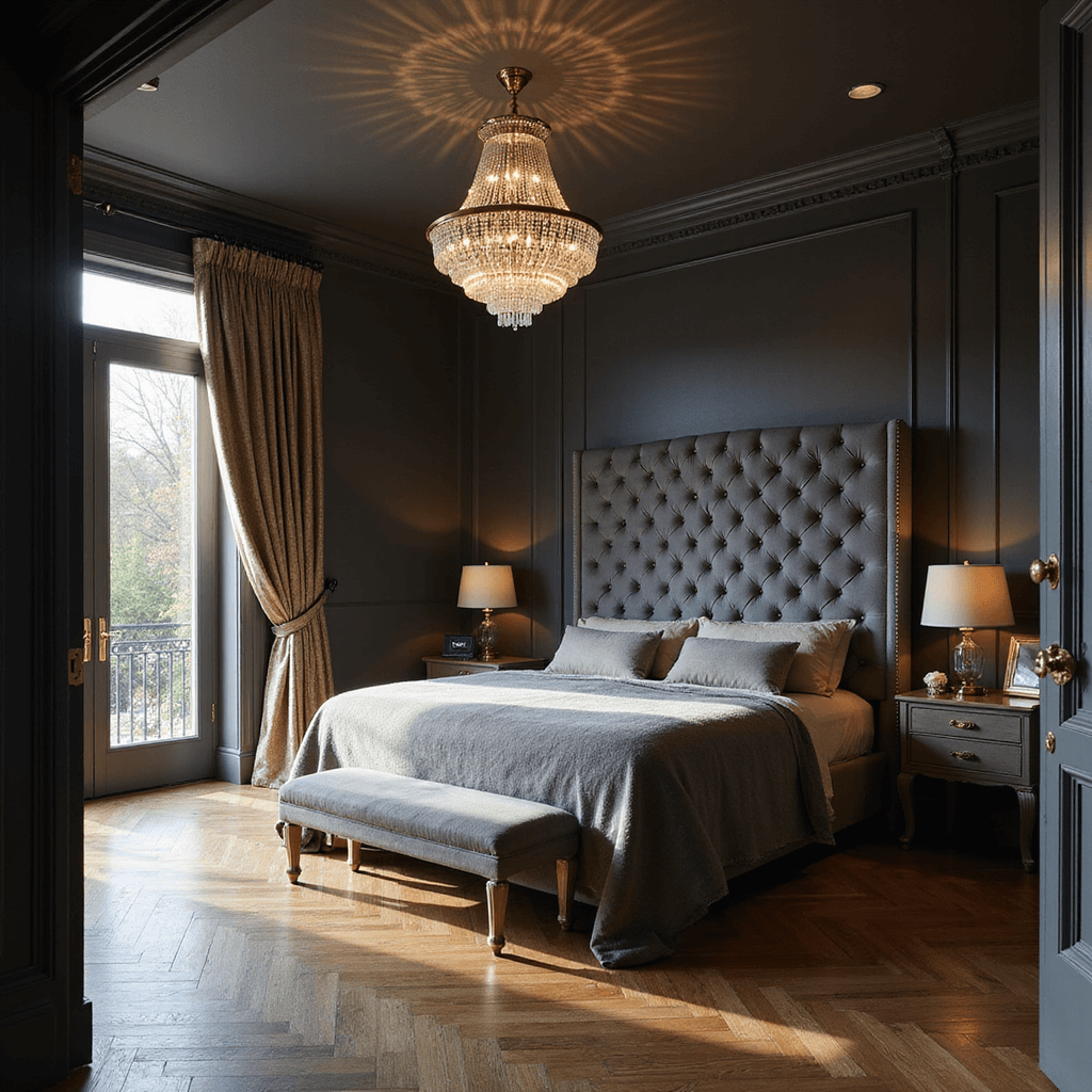 Luxurious master bedroom featuring deep charcoal grey walls, an oversized tufted slate grey headboard, a crystal chandelier, and metallic silk drapes, all illuminated by golden hour light for an opulent, dramatic atmosphere.
