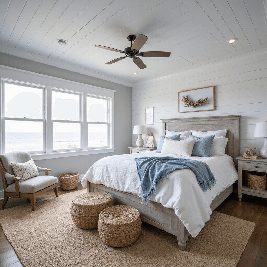 Coastal-inspired grey bedroom featuring a white shiplap ceiling, pearl grey walls, and a weathered grey wooden bed frame with cloud-white linens and soft blue accents, accented by a jute rug, woven baskets, and driftwood art, all bathed in natural light from beach-facing windows.