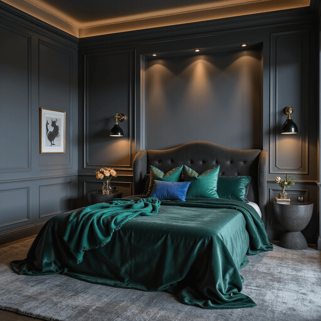 A contemporary grey bedroom with jewel tone accents, featuring a modern wing bed in deep grey velvet, accented by emerald and sapphire throws. The room is illuminated with architectural cove lighting and strategic uplighting, highlighting polished chrome fixtures and rich textures in an evening setting.