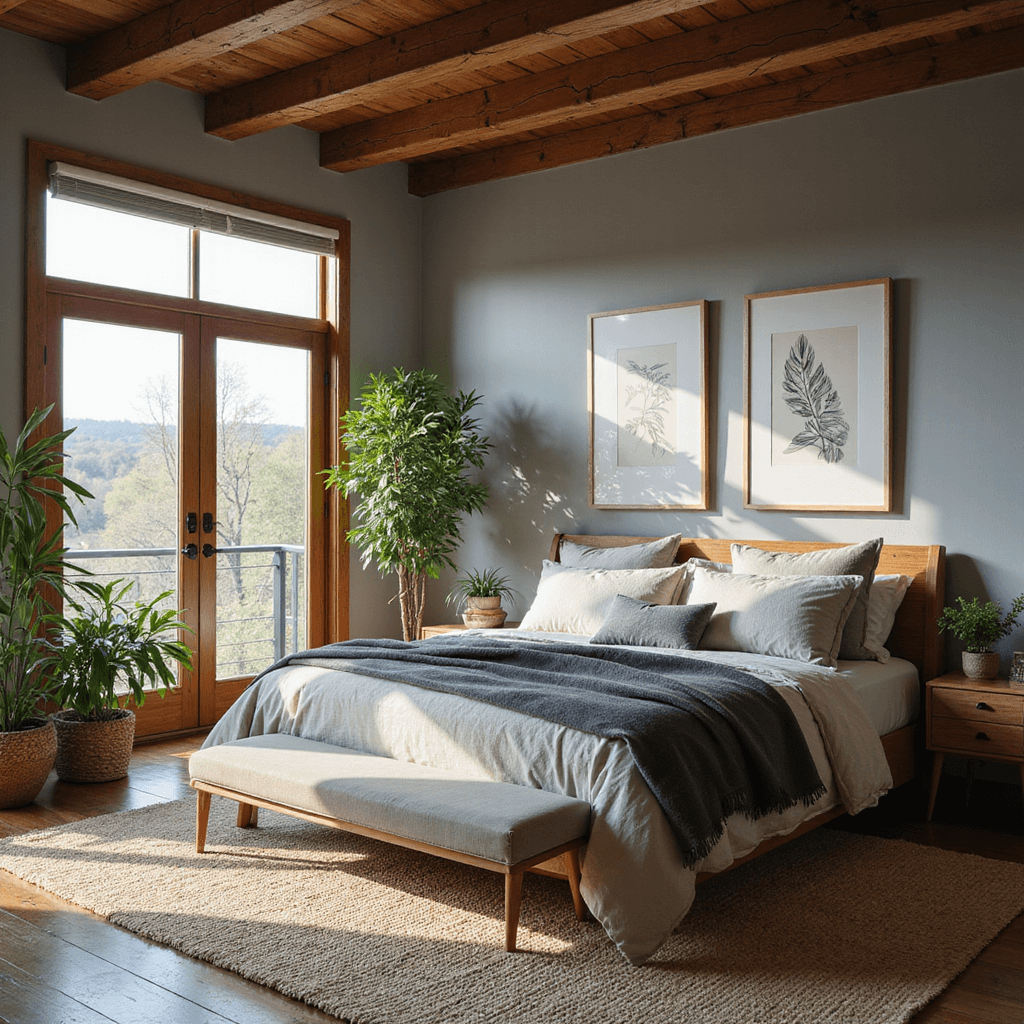 A warm and inviting organic modern grey bedroom featuring exposed wooden beams, floor-to-ceiling windows, and layered bedding in grey tones, accented with cream. Natural wood furniture, woven textures, live plants, and stone elements create a grounded atmosphere, enhanced by soft, diffused mid-morning light.