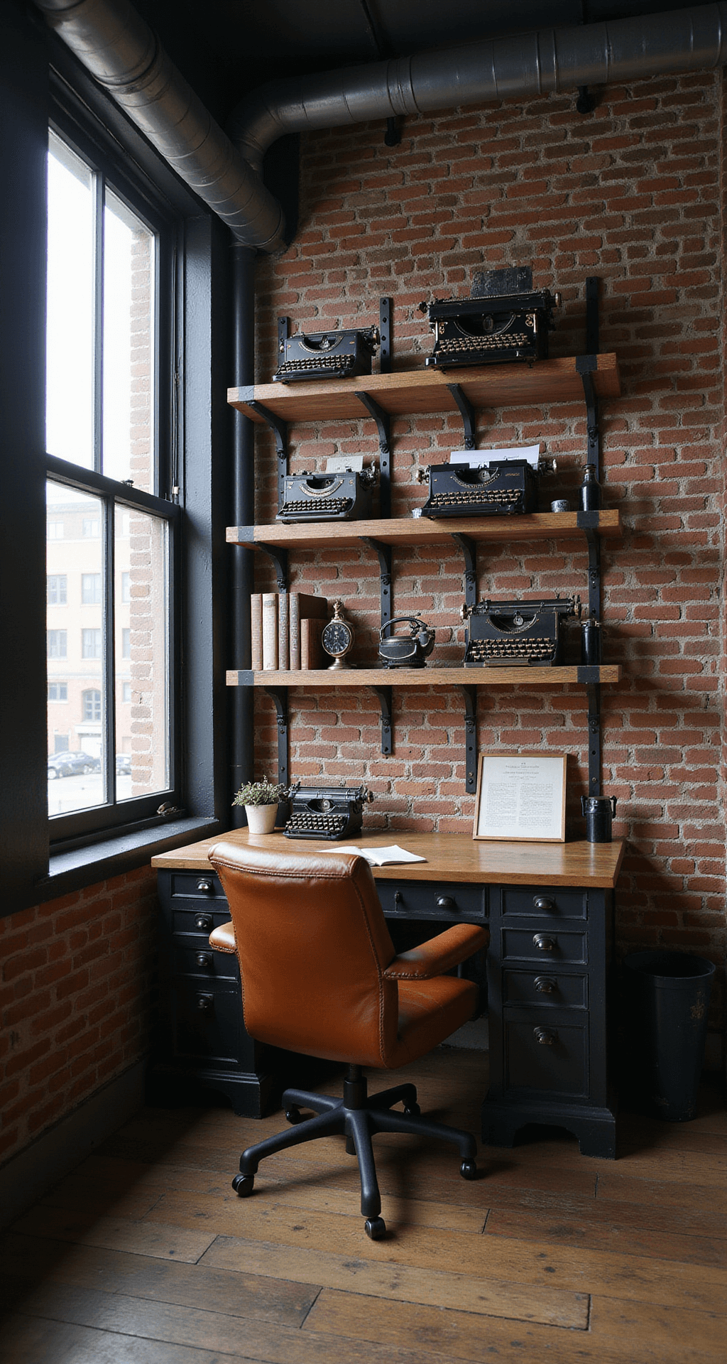An industrial loft office featuring black steel and reclaimed wood floating shelves, afternoon light streaming through factory windows, an exposed brick wall with pipe fittings, a vintage typewriter collection with engineering books, and a leather Chesterfield desk chair, shot from a standing height to emphasize vertical lines and dramatic shadows.