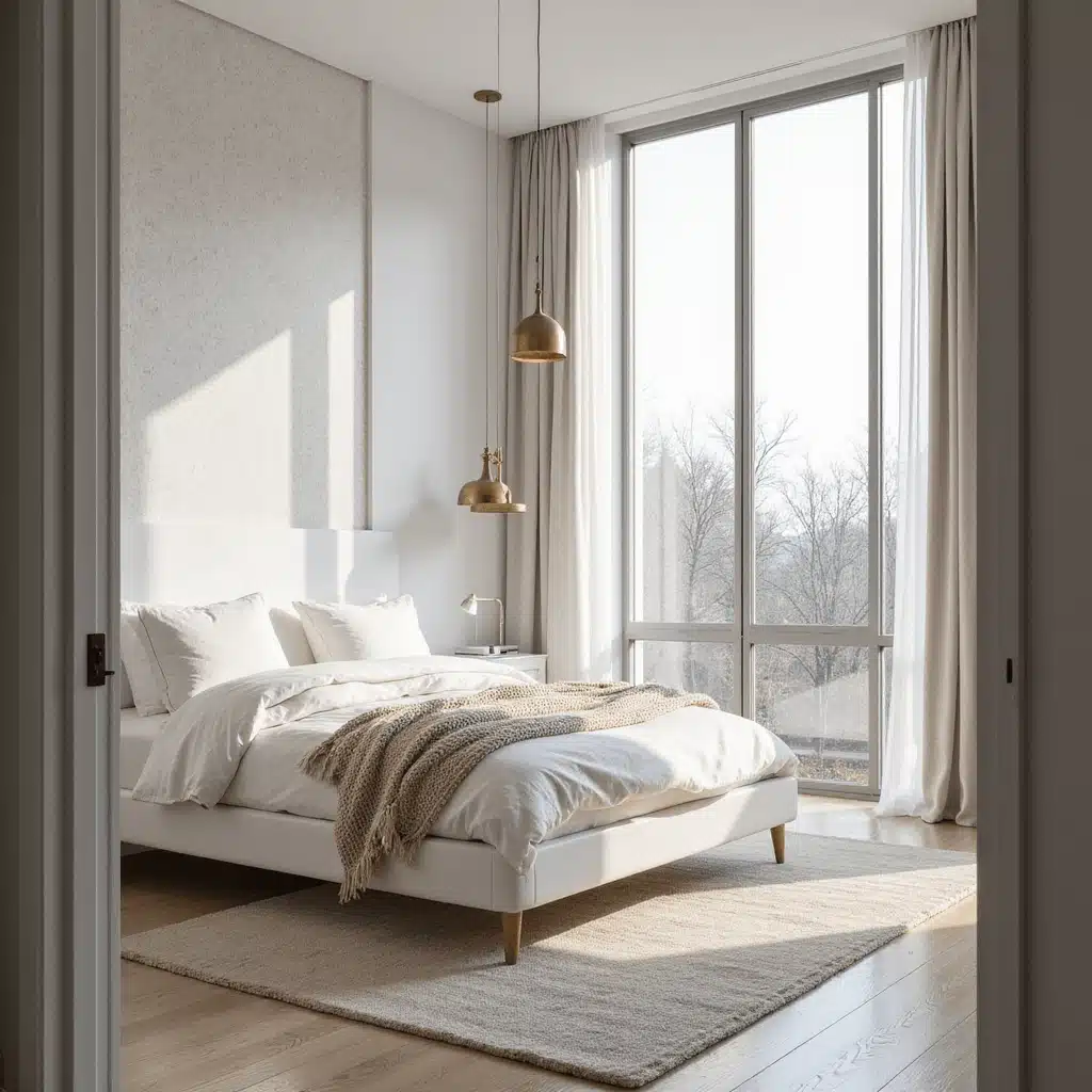A modern minimalist bedroom featuring a low-profile white platform bed with layered linens in ivory and cream tones, illuminated by morning light from floor-to-ceiling windows. The room has natural white oak flooring, an oversized wool rug, subtle geometric wallpaper accents, and asymmetrical brass pendant lights, creating a serene atmosphere with a focus on texture and tonal variations of white.
