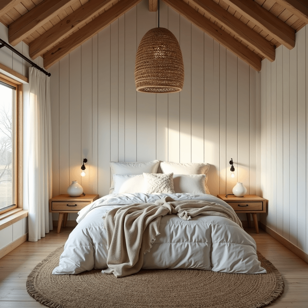 Cozy Scandinavian bedroom at golden hour featuring white shiplap walls, warm wood beams, a king bed with layered white bedding, a handwoven jute rug, a rattan pendant light, and white ceramic table lamps, all evoking hygge elements and visual warmth.