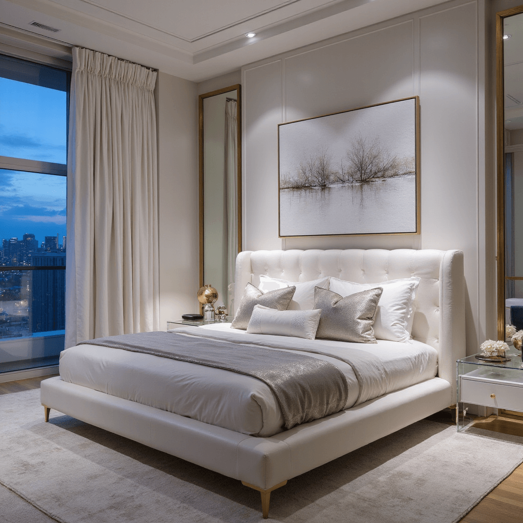 Contemporary primary bedroom at dusk with floor-to-ceiling white silk drapes, modern white lacquered bed with a channel-tufted headboard, luxe bedding in whites and silvers, ghost acrylic side tables with brass accents, and a large abstract canvas, all bathed in moody evening lighting.