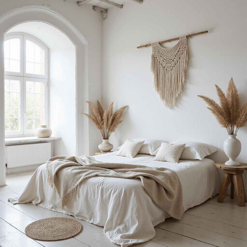 Bohemian white bedroom with architectural archway, flooded with afternoon light, featuring bleached wood floors, low platform bed with vintage French linens, Moroccan wedding blanket, macramé wall hanging, and dried pampas grass in ceramic vessels, captured at a 45-degree angle.