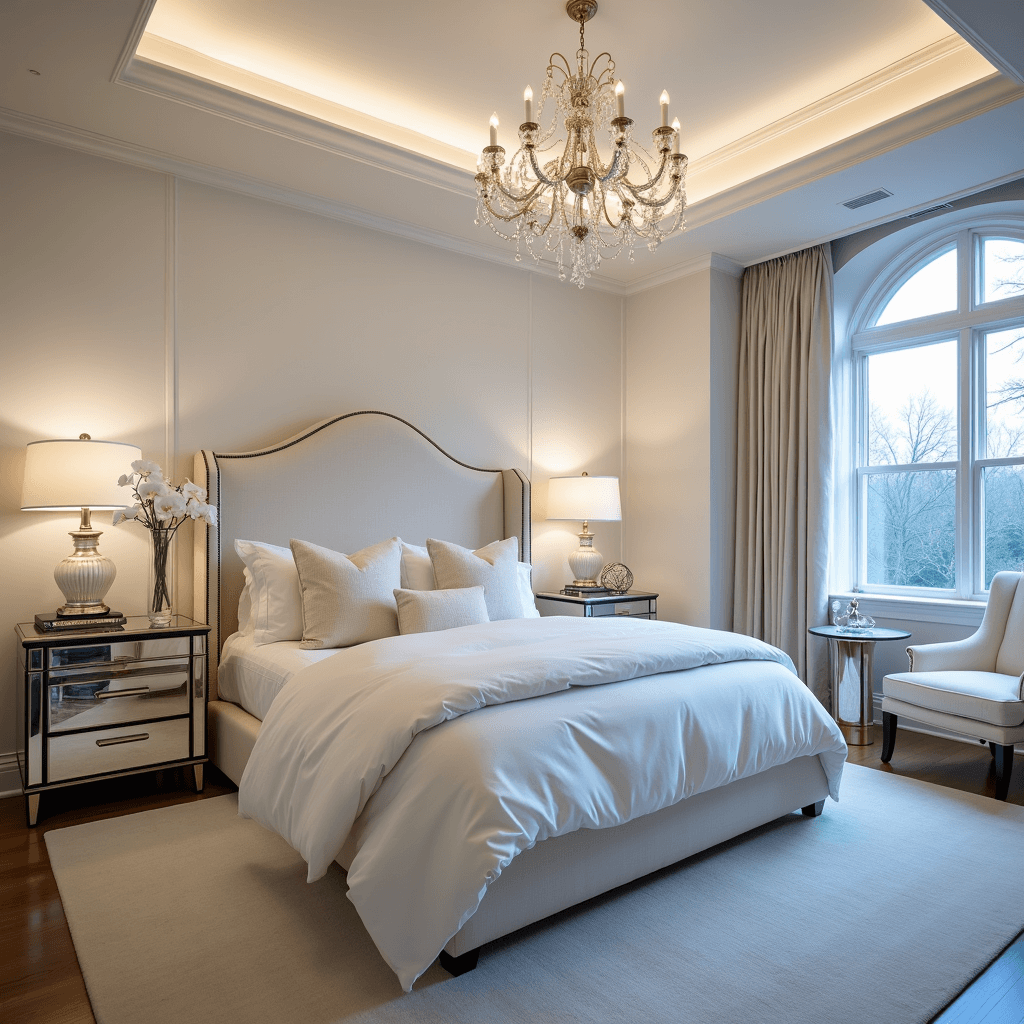 Transitional white bedroom at twilight featuring an elegant upholstered wingback bed, layered warm white bedding, antique mirrored nightstands, and a crystal chandelier, shot from a low angle to highlight the tray ceiling and ambiance created by dusky blue hour light.