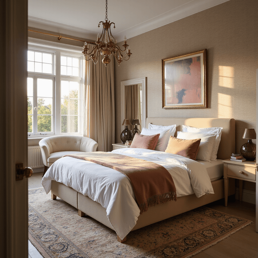 A luxurious primary bedroom featuring a king-size bed with white Egyptian cotton sheets and a dusty rose velvet duvet, illuminated by golden hour sunlight. The room has a chic brass chandelier, textured grasscloth wallpaper, and bleached oak side tables with smoky glass lamps. A curved cream bouclé chair, abstract art in blush and navy, and a vintage Persian rug add subtle glamour, all captured from a low angle through the doorway, showcasing a glimpse of an adjoining seating area.